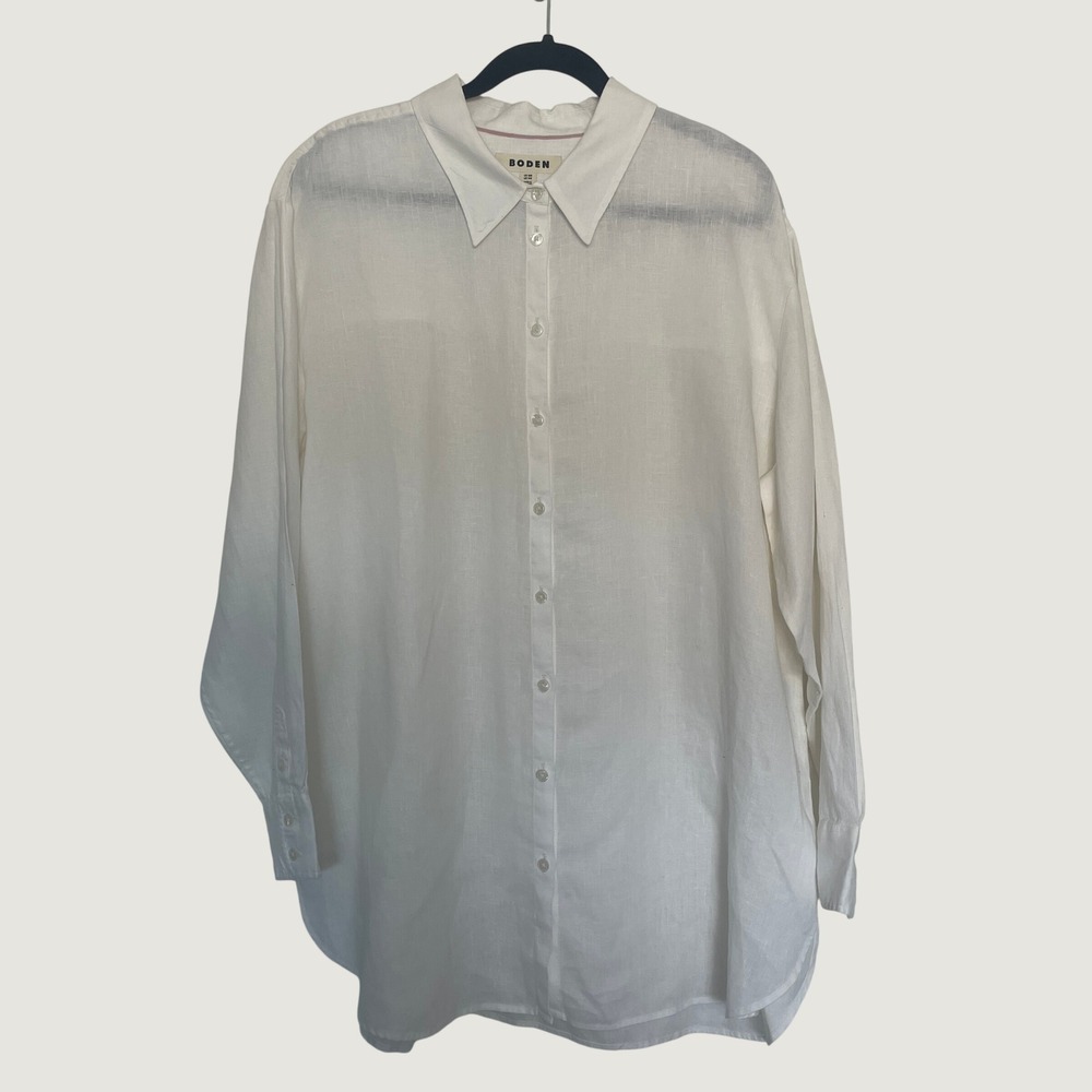 Boden Linen Button Down Shirt Sz 14 White Long Sleeve Oversized Coastal Grandma